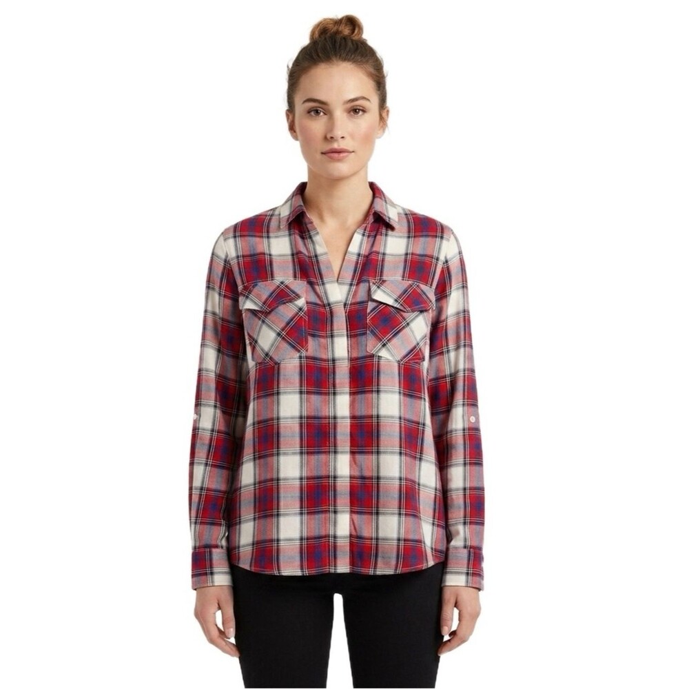 Sam Edelman Red Plaid Roll-Tab Sleeve Hi-Lo Hem Shirt